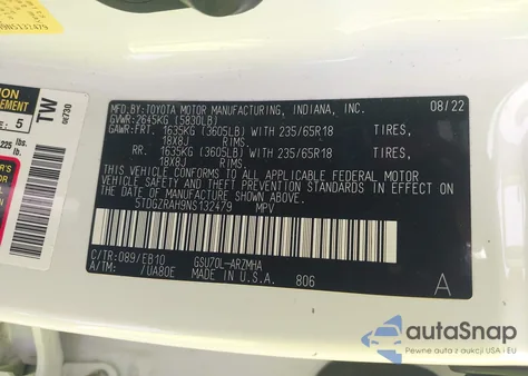 2022 Toyota Highlander Xle из США, поврежденный, VIN 5TDGZRAH9NS132479